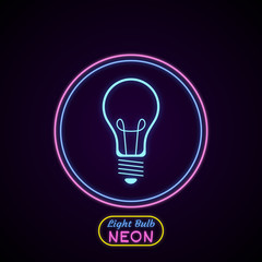 Blue light bulb. Realistic neon icon with inscription 