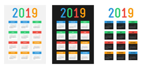 Fototapeta na wymiar Vector 2019 new year calendar. Bright contrast design. The week starts on Monday.