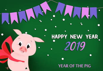Happy New Year with piglet and flags poster design
