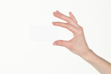 hand holding blank card isolated with clipping path
