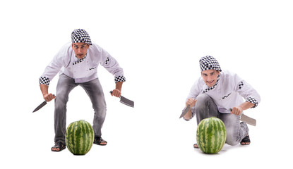 Young male cook with watermelon isolated on white