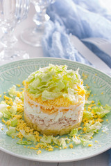 Layered salad with chicken and Chinese cabbage, selective focus