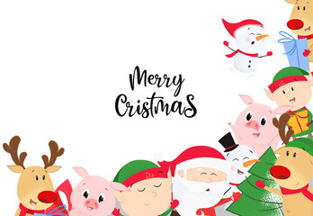 Merry Christmas with cartoon characters greeting card design
