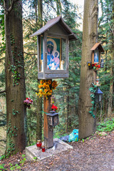 ZARABIE, POLAND - MARCH 15, 2015: Roadside chapels in Carpathian Mountains