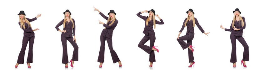 Fototapeta premium Pretty girl in purple retro suit isolated on white
