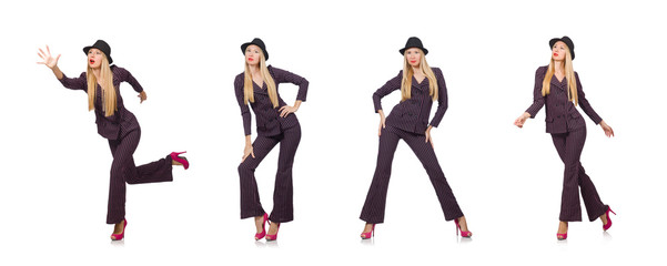 Pretty girl in purple retro suit isolated on white