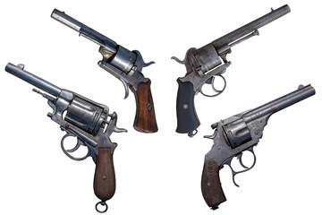 Ancient revolvers. Four old weapon isolated.