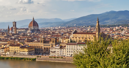 Fototapeta premium Panorama of Florence with the Cathedral of Santa Maria del Fiore and the Basilica of Santa Croce (Church of the Holy Cross). View from above. Italy