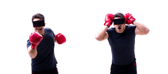Male boxer wearing virtual reality VR glasses isolated on white 