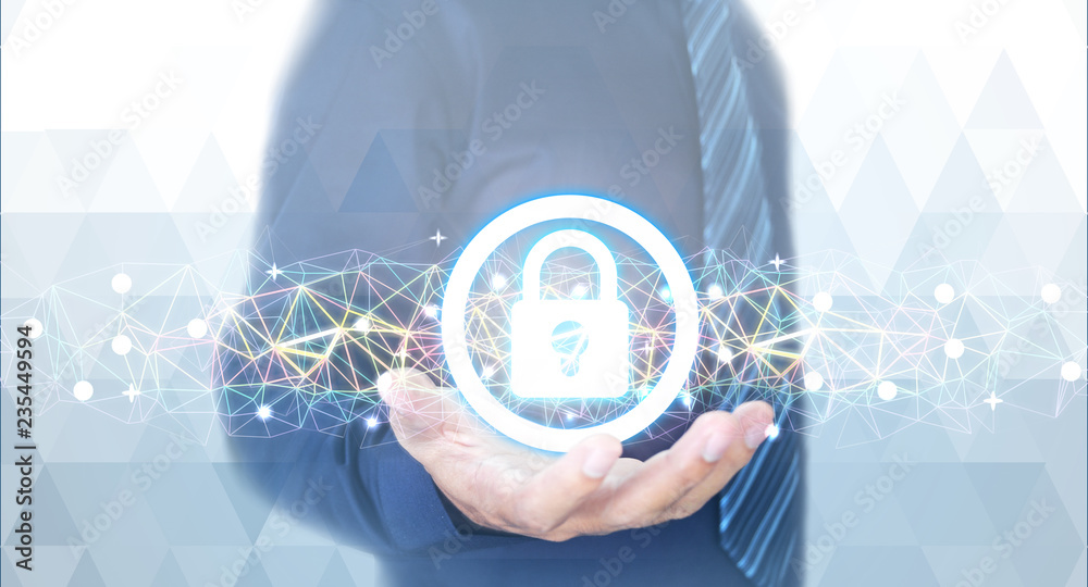 Aufkleber lock for protection of the network in the hands of a businessman. protection and security concept