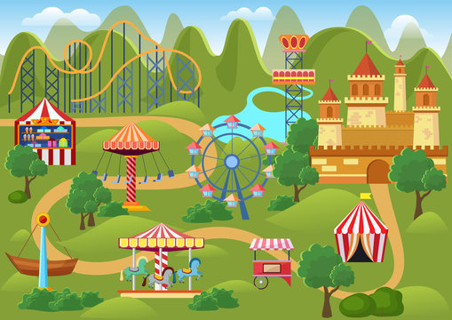 Amusement park concept landscape map with flat fairground elements, castle, mountains cartoon vector illustration.