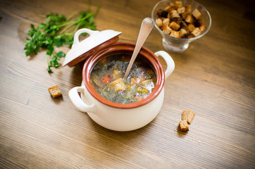 homemade vegetable soup with wild mushrooms and peppers in a plate