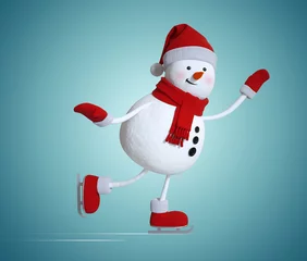 Wandaufkleber funny snowman figure skating, 3d character, winter sports illustration, Christmas clip art © wacomka