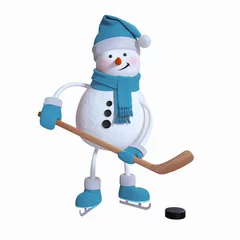 Fotobehang snowman playing ice hockey, winter sports, 3d illustration © wacomka
