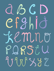 Hand drawn doodle alphabet. Colored vector font. Every letter is isolated