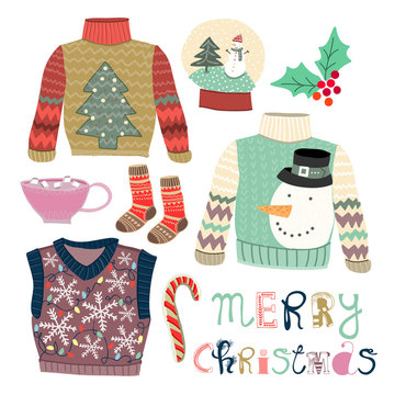 Merry christmas. Hand drawn christmas sweaters and other winter elements. Colored vector set. All elements are isolated