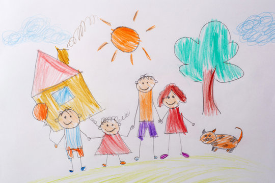 Children's drawing My Happy Family . The concept of child psychology. Psychological testing of the child using the picture.