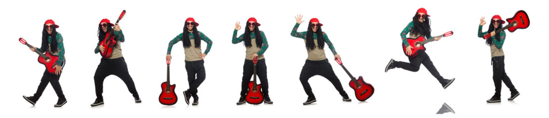 Man with guitar in musical concept on white