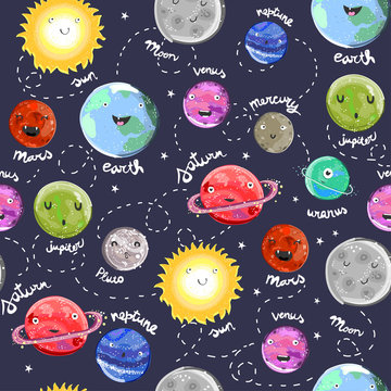 Hand Drawn Cute Solar System With Funny Faces. Vector Seamless Pattern. Dark Background