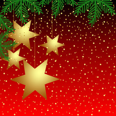 Red background with confetti, golden balls,  stars and branches christmas tree. Merry Christmas and Happy New Year.