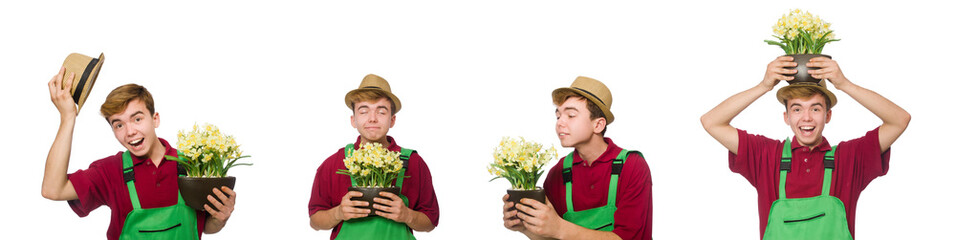 Young gardener with flower isolated on white