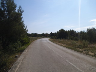 Obraz premium A street in the wildness in Sibenik. An asphalt street, scrub and trees are visible.