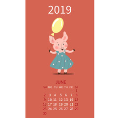 Pig calendar for June 2019. Cute month calendar with horoscope sign Gemini, Cancer The week starts on Sunday.