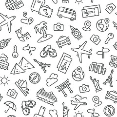 Seamless pattern with tourism and travel. Black and white thin line icons