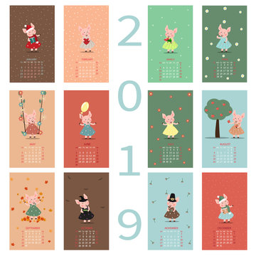 Monthly Creative Calendar 2019 with a cute pig. Symbol of the year in the Chinese calendar. Cartoon Isolated Vector illustration. Year of the pig.