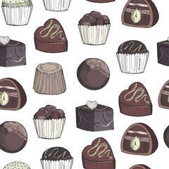 Hand drawn chocolate candies. Colored graphic vector seamless pattern
