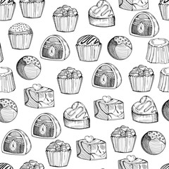 Hand drawn chocolate candies. Graphic vector seamless pattern