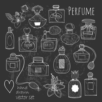 Hand drawn perfume bottles. Graphic vector set. Chalkboard style. All elements are isolated