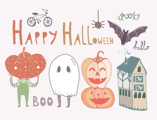 Happy halloween spooky doodles. Colored graphic vector set. All elements are isolated