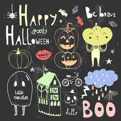 Fototapeta na wymiar Happy halloween spooky doodles. Colored graphic vector set. Chalkboard background All elements are isolated