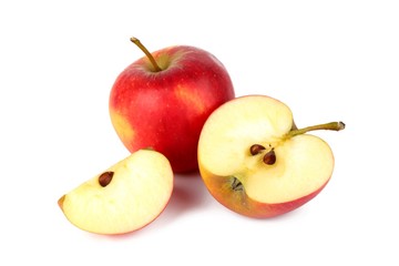Red ripe apple with fresh sliced apple piece isolated on white