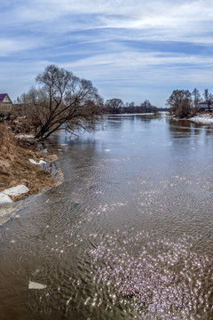 High water on a river in the countryside in Russia in spring
