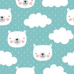 Cute Polar Bear with Clouds Seamless Pattern, Cartoon Background, Vector Illustration