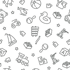 Seamless pattern with baby toys. Black and white thin line icons