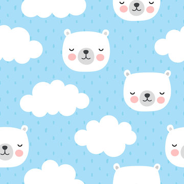 Cute Polar Bear with Clouds Seamless Pattern, Cartoon Background, Vector Illustration