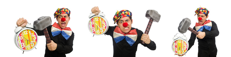 Funny clown with hammer and clock on white