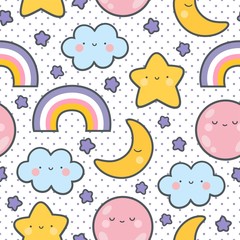 Moons Clouds Rainbows and Stars Cute Seamless Pattern, Cartoon Vector Illustration, Nursery Background for Kid
