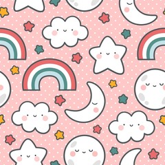 Moons Clouds Rainbows and Stars Cute Seamless Pattern, Cartoon Vector Illustration, Nursery Background for Kid