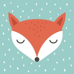 cute fox cartoon illustration, cartoon animal portrait with sleepy fox face