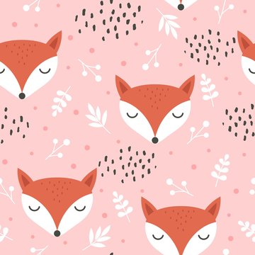 Cute fox seamless pattern, wolf hand drawn forest background with flowers and dots, vector illustration