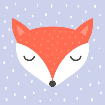 cute fox cartoon illustration, cartoon animal portrait with sleepy fox face
