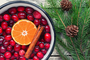 Christmas potpourri. Top view. Hot scented beverage made from cranberry, cinnamon, clementines and spices.