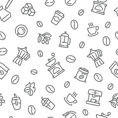 Seamless pattern with coffee. Black and white thin line icons