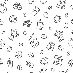 Behang Koffie Naadloos patroon met koffie. Zwart-wit dunne lijn pictogrammen