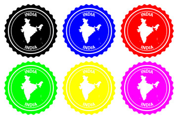 India - rubber stamp - vector, Republic of India map pattern - sticker - black, blue, green, yellow, purple and red