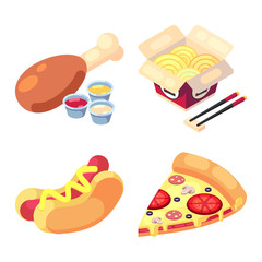 game icons set food for higher health level delicious snacks fast food, pizza, hot dog, noodles, chicken leg vector icon set isolated on white background